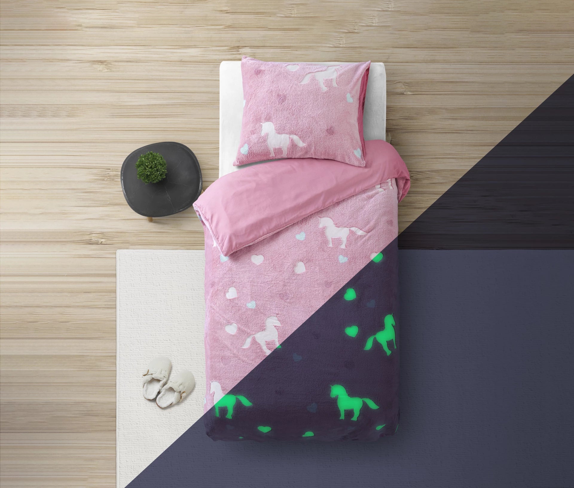 Teddy Fleece dekbedovertrek - Glow in the dark - Unicorn - Roze - 1-persoons (140x220 + 60x70 cm)