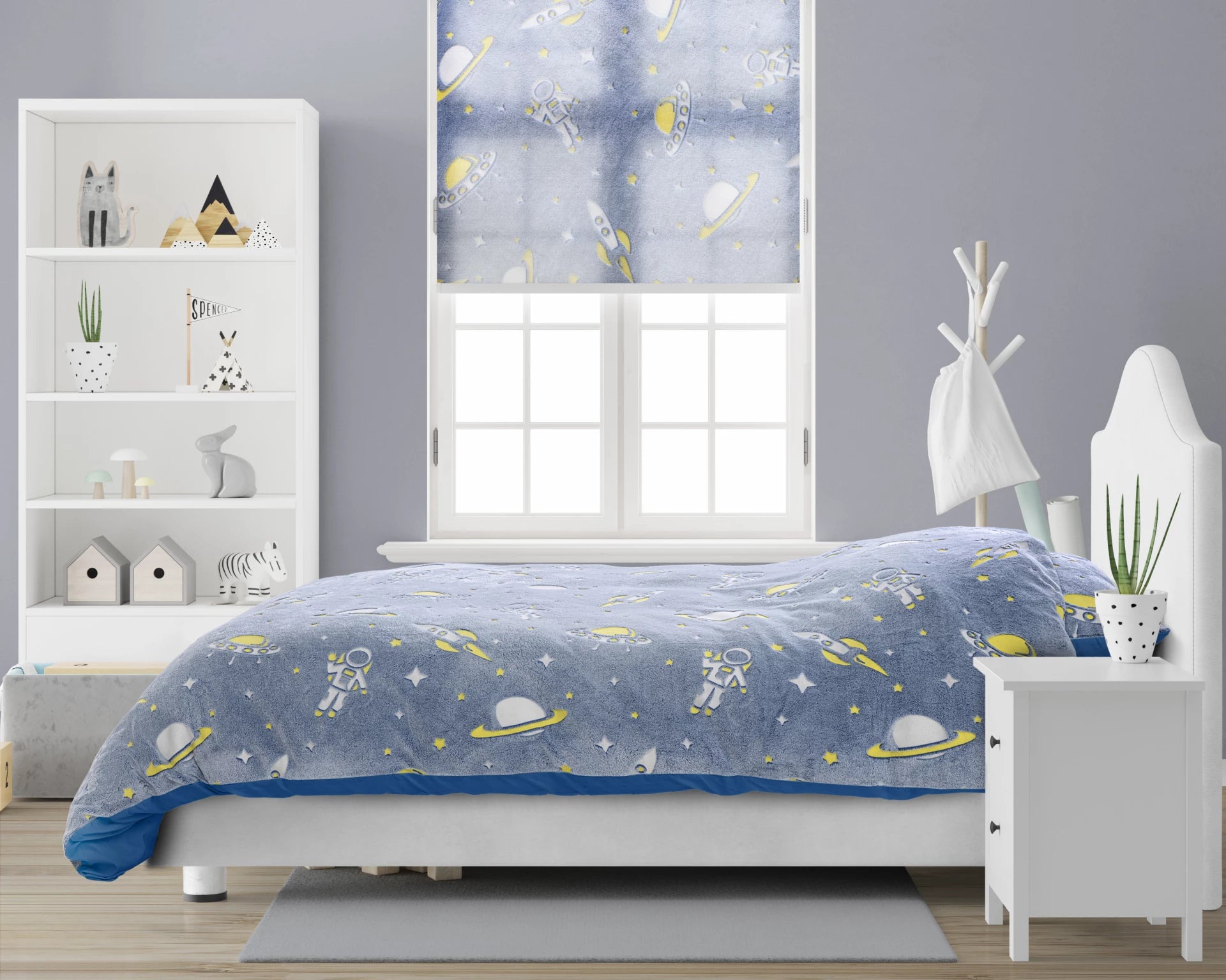 Teddy Fleece kinderdekbedovertrek - Glow in the dark - Space - Blauw - 1-persoons (140x220 + 60x70 cm)