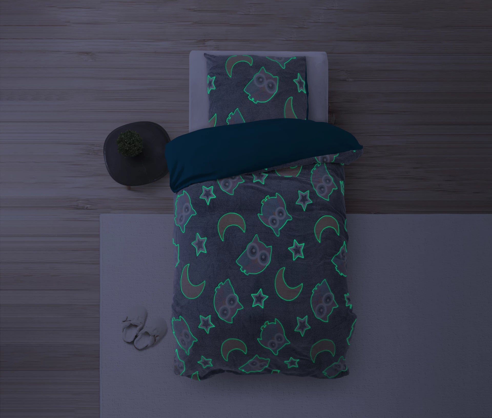 Teddy Fleece kinderdekbedovertrek - Glow in the dark - Owl - Blauw - 1-persoons (140x220 + 60x70 cm)