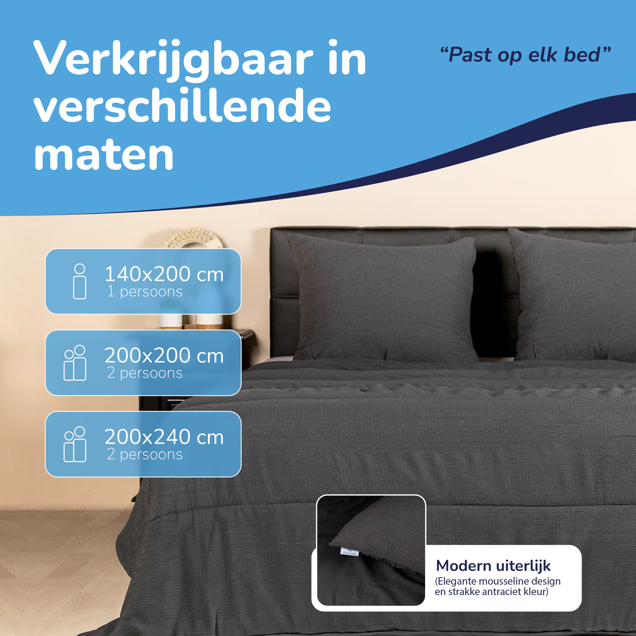 Decoware Easy dekbed zonder overtrek inclusief kussensloop - Mousseline - Antraciet