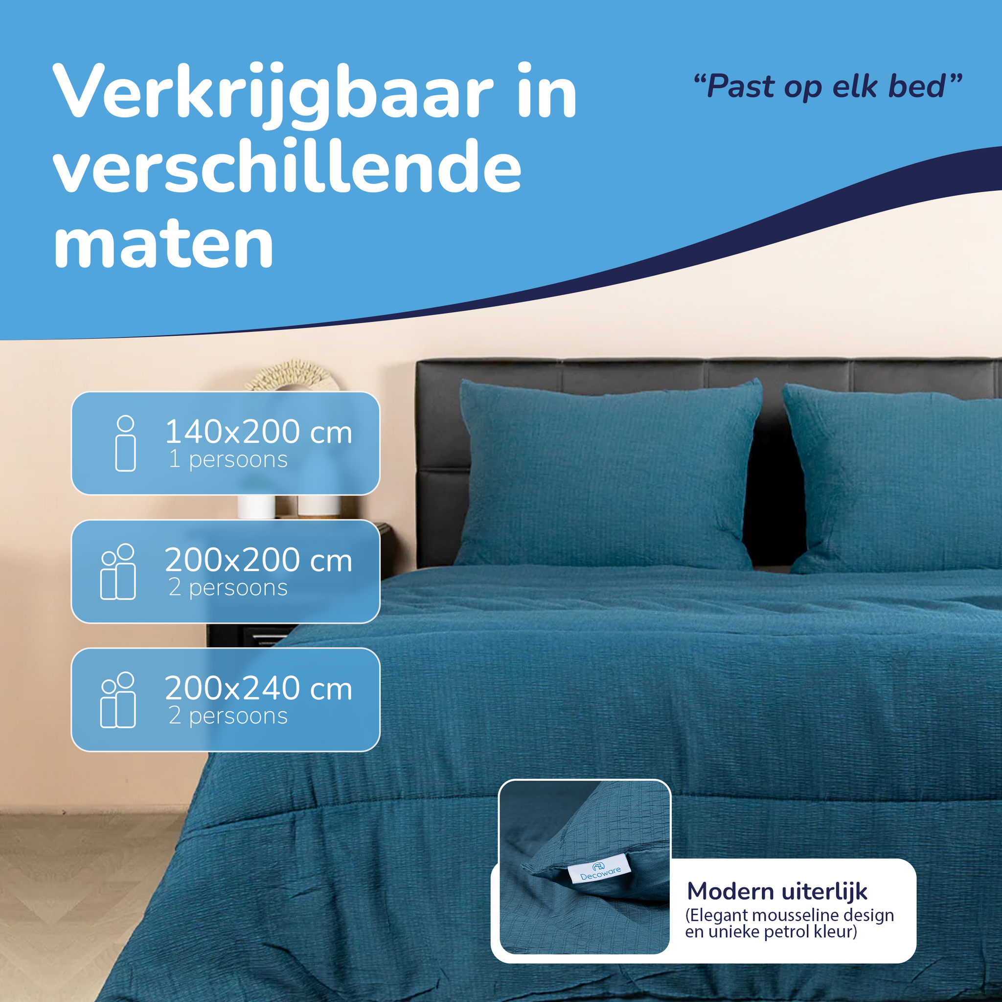 Decoware Easy dekbed zonder overtrek inclusief kussensloop - Mousseline - Petrol