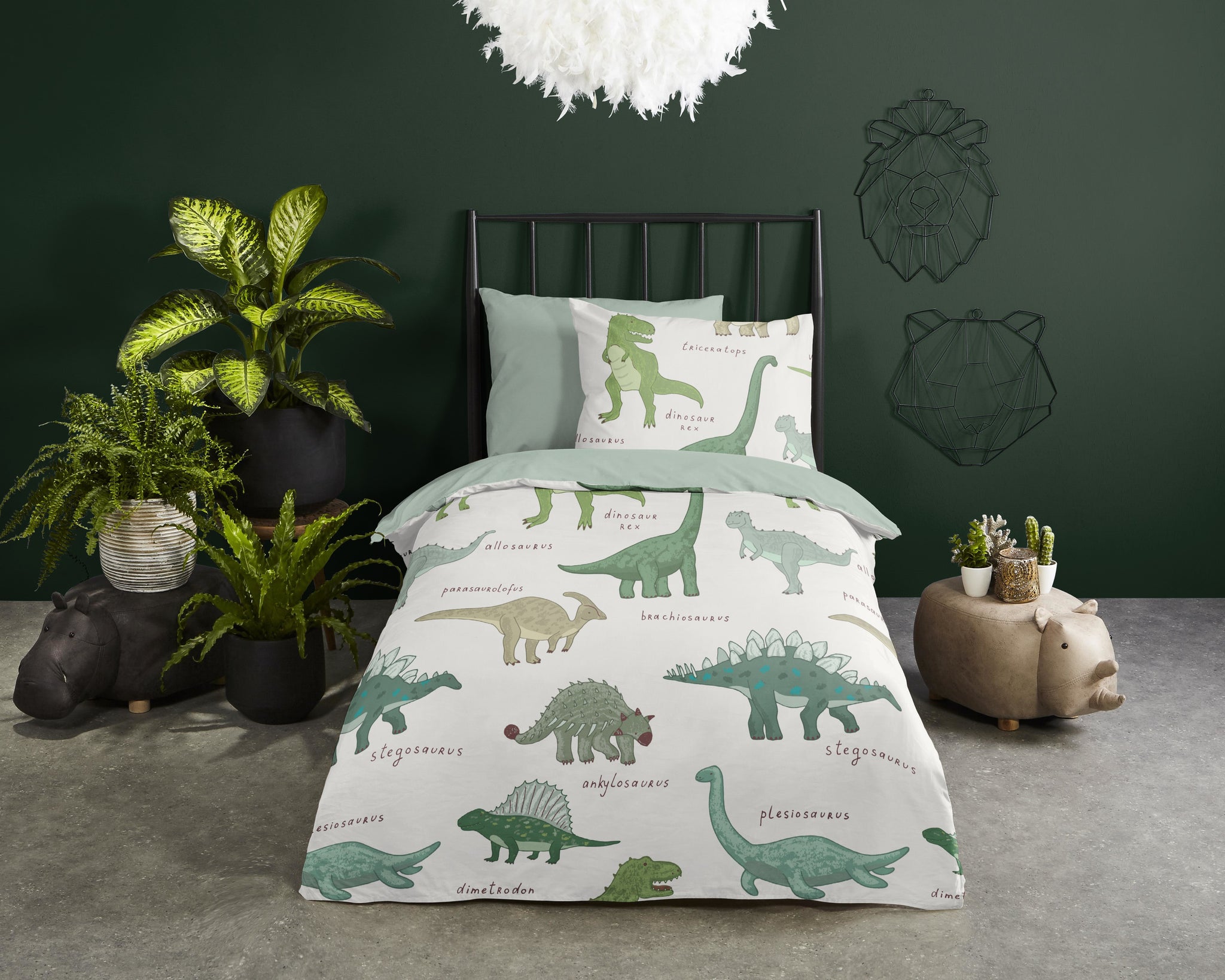 Good morning dekbedovertrek Beata dino - groen - katoen - eenpersoons (140x220 + 60x70 cm)