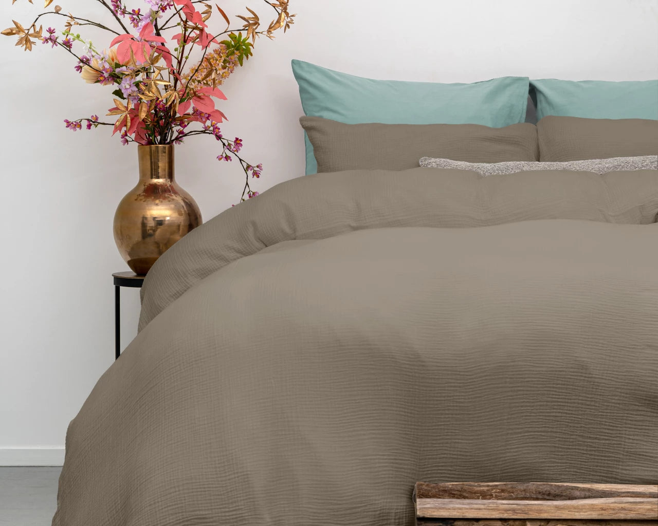 Mousseline dekbedovertrek - katoen - taupe - 1-persoons (140x220 + 60x70 cm)