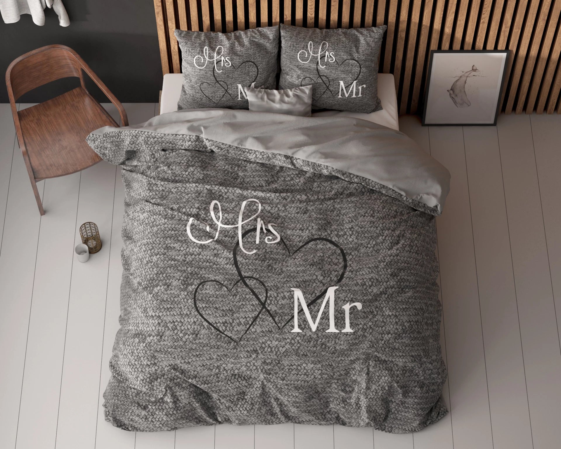 Sleeptime dekbedovertrek Mr & Mrs 3 - Antraciet - Katoen -Lits Jumeaux (240x220 + 2st. 60x70 cm)