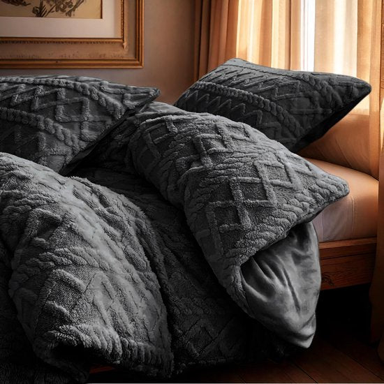 Zydante® dekbedovertrek Jaquard Teddy Antraciet - microvezel - eenpersoons (140x220 + 60x70 cm)