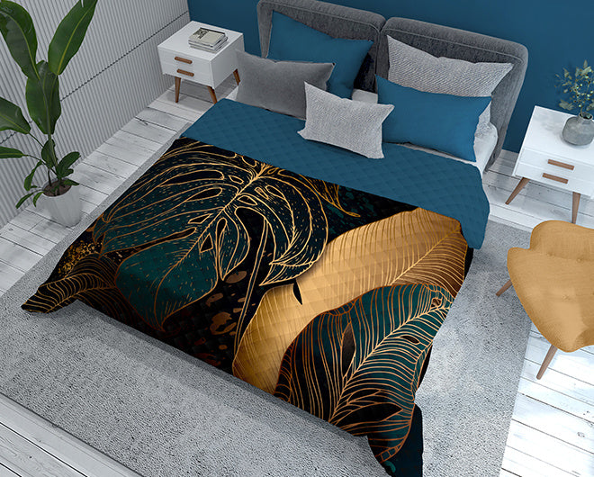 Bedsprei bladeren - Petrol - 1-persoons (170x210 cm)