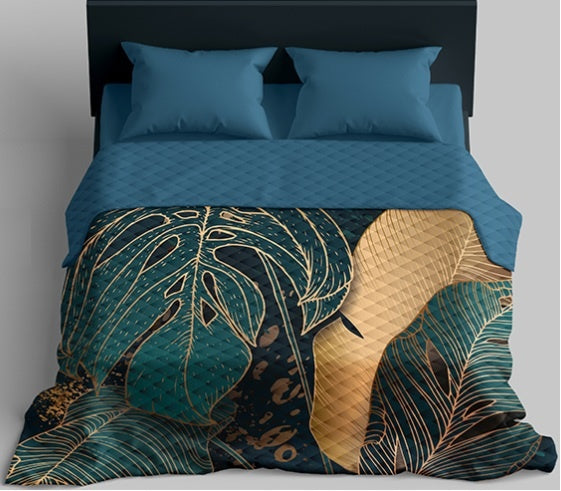 Bedsprei bladeren - Petrol - 1-persoons (170x210 cm)