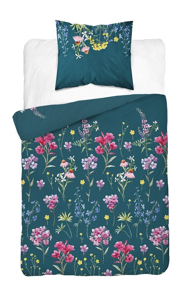 Katoen satijn dekbedovertrek bloemen blauw - 1-persoons (140x200 + 70x80 cm)