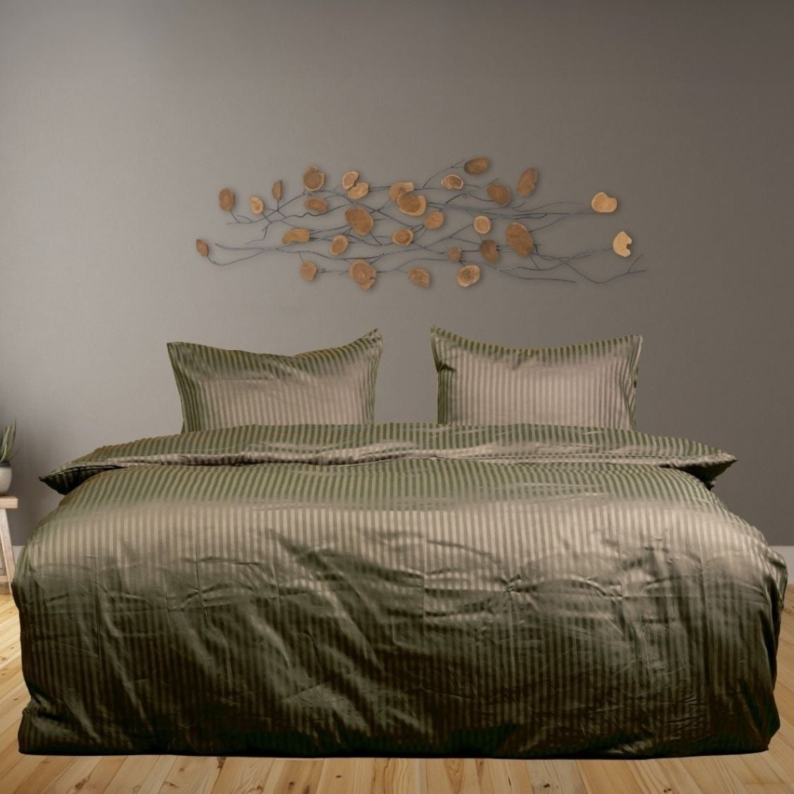 Hotelstreep dekbedovertrek - groen - katoen satijn (210TC) - 2-persoons (200x220 + 2st 60x70cm)