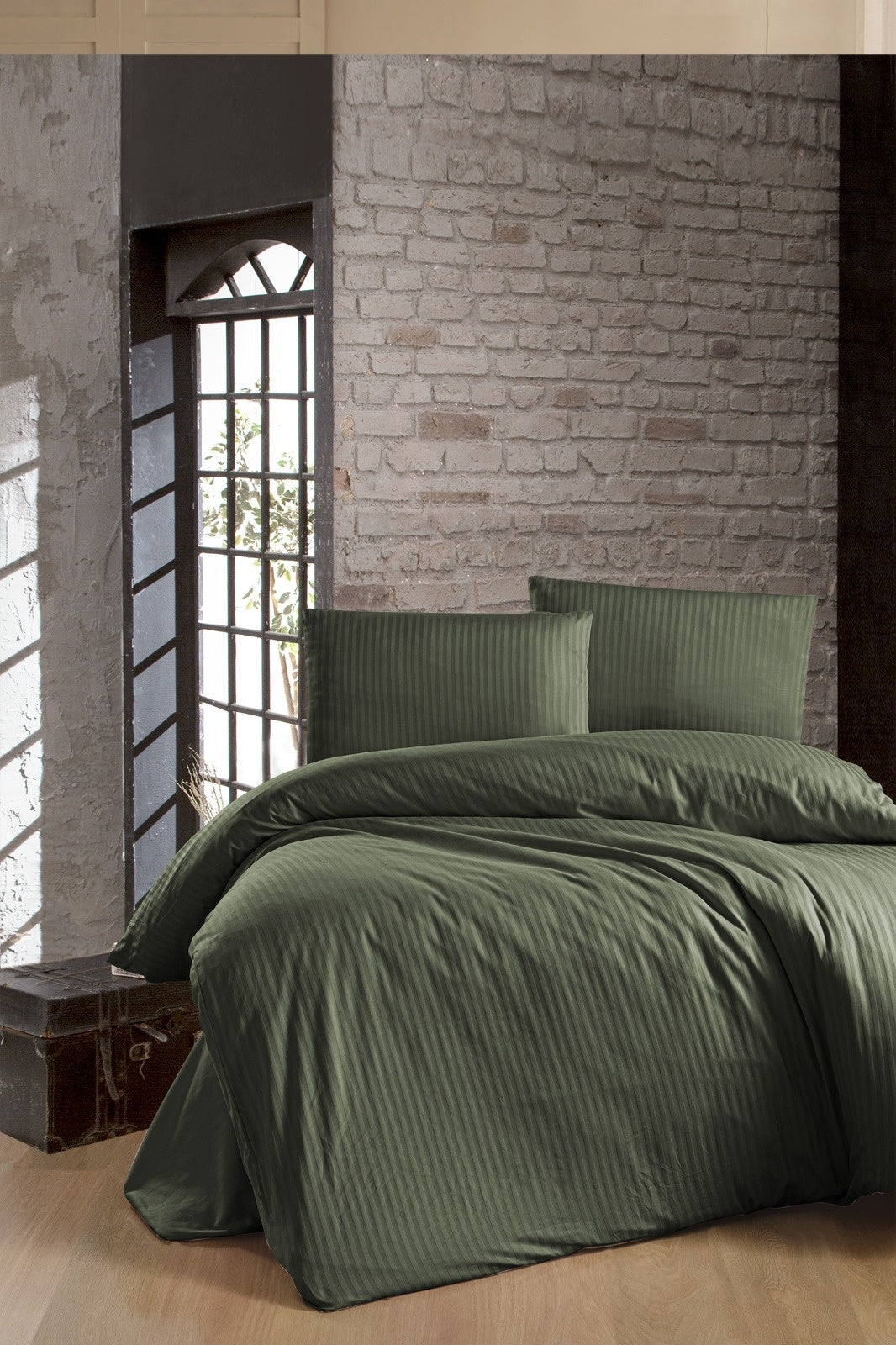 Hotelstreep dekbedovertrek - groen - katoen satijn (210TC) - 2-persoons (200x220 + 2st 60x70cm)