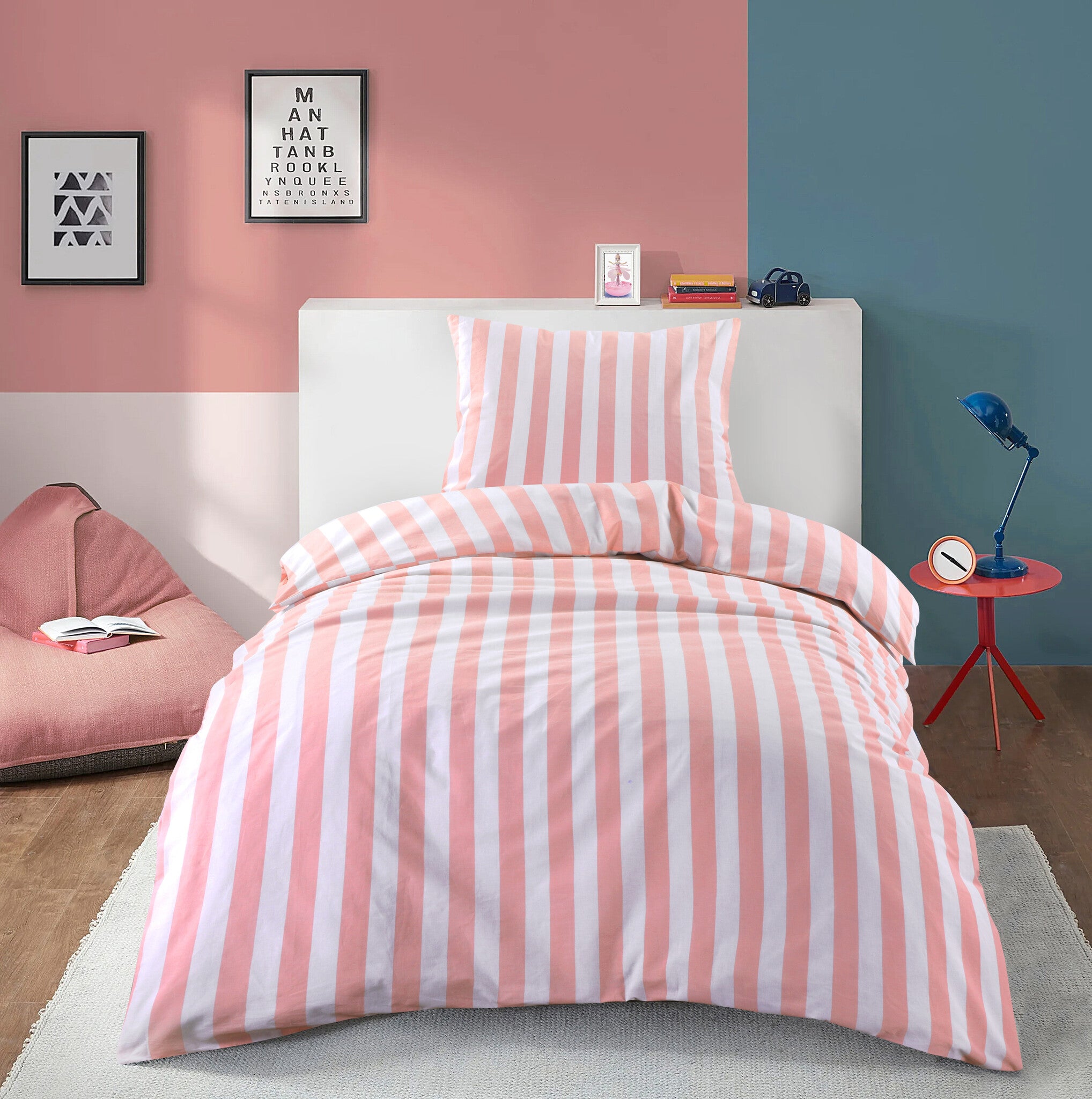 Dekbedovertrek Strepen roze wit - Katoen - 1-persoons (140x200 + 60x70 cm)