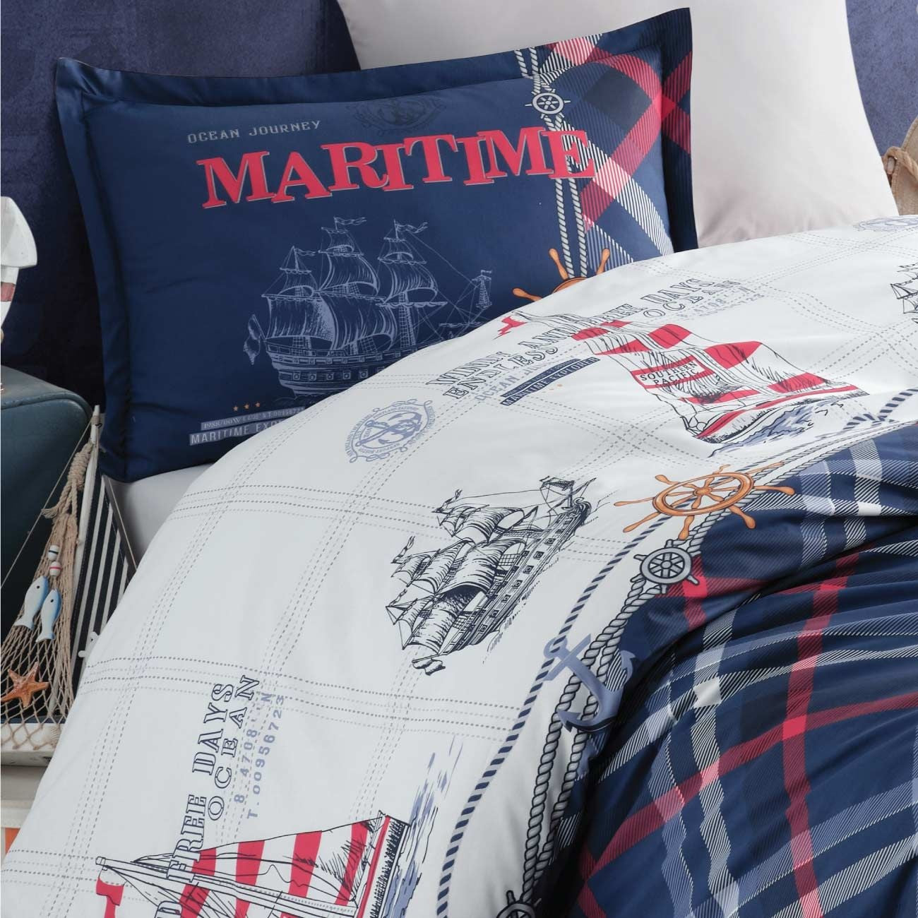 Katoen dekbedovertrek Maritime - blauw - katoen - 1-persoons (140x220 + 60x70 cm)