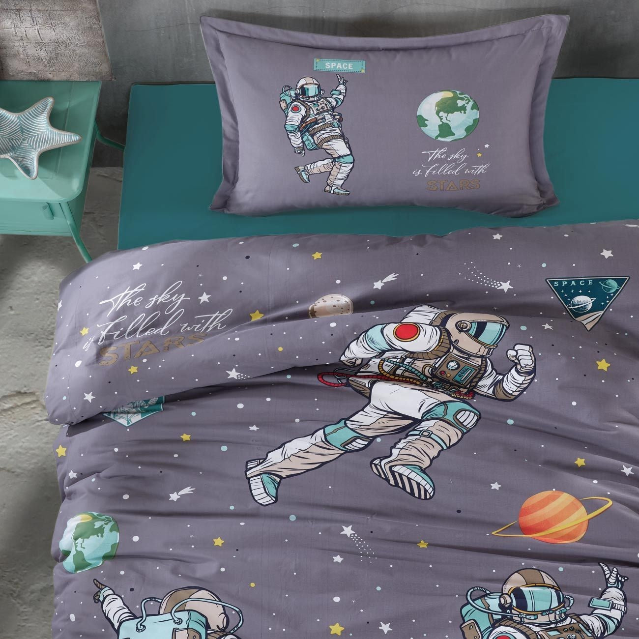 Kinderdekbedovertrek Space - Katoen - 1-persoons (140x220 + 60x70 cm)