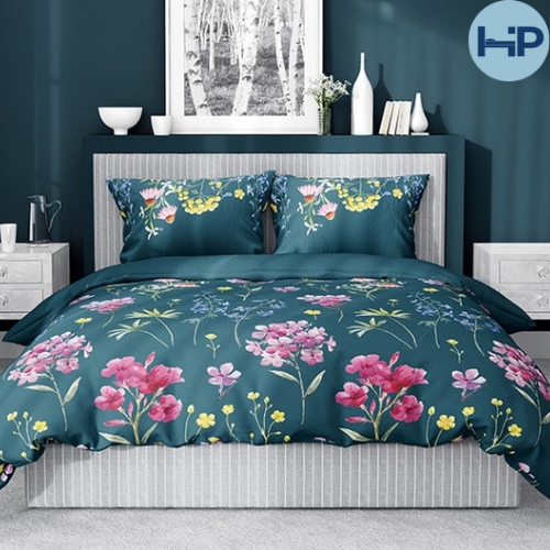 Katoen satijn dekbedovertrek bloemen blauw - 1-persoons (140x200 + 70x80 cm)