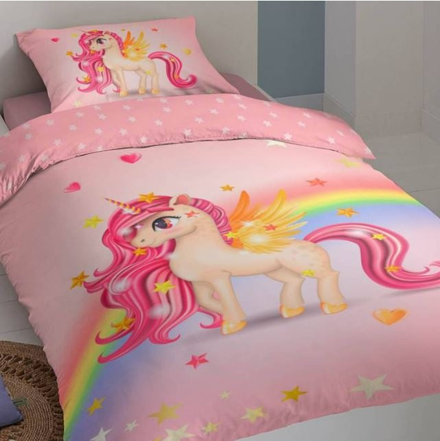 Kinderdekbedovertrek Unicorn rainbow - Katoen - 1-persoons (140x220 + 60x70 cm)