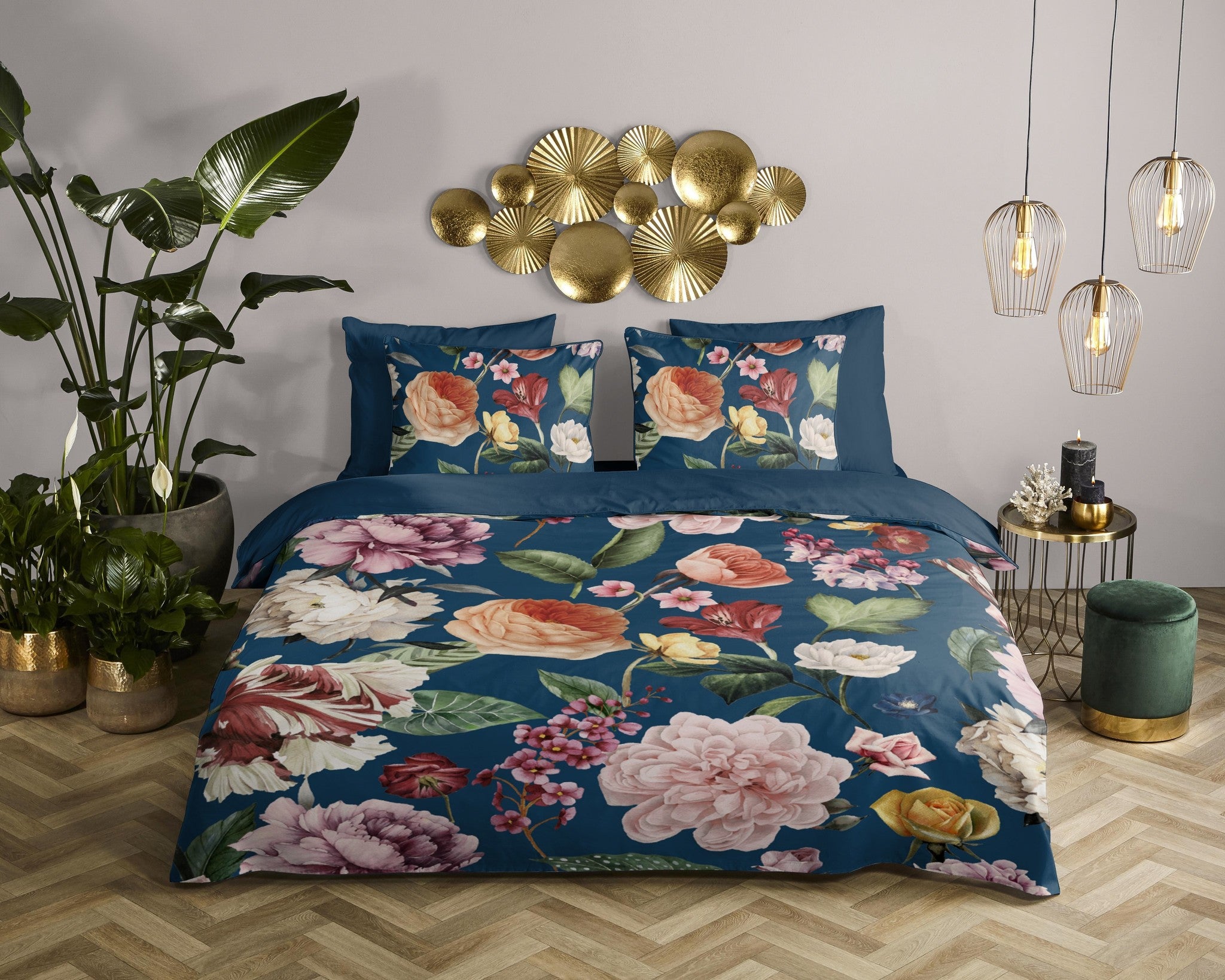 Katoen satijn dekbedovertrek Fiori blauw - 1-persoons (140x220 + 60x70cm)