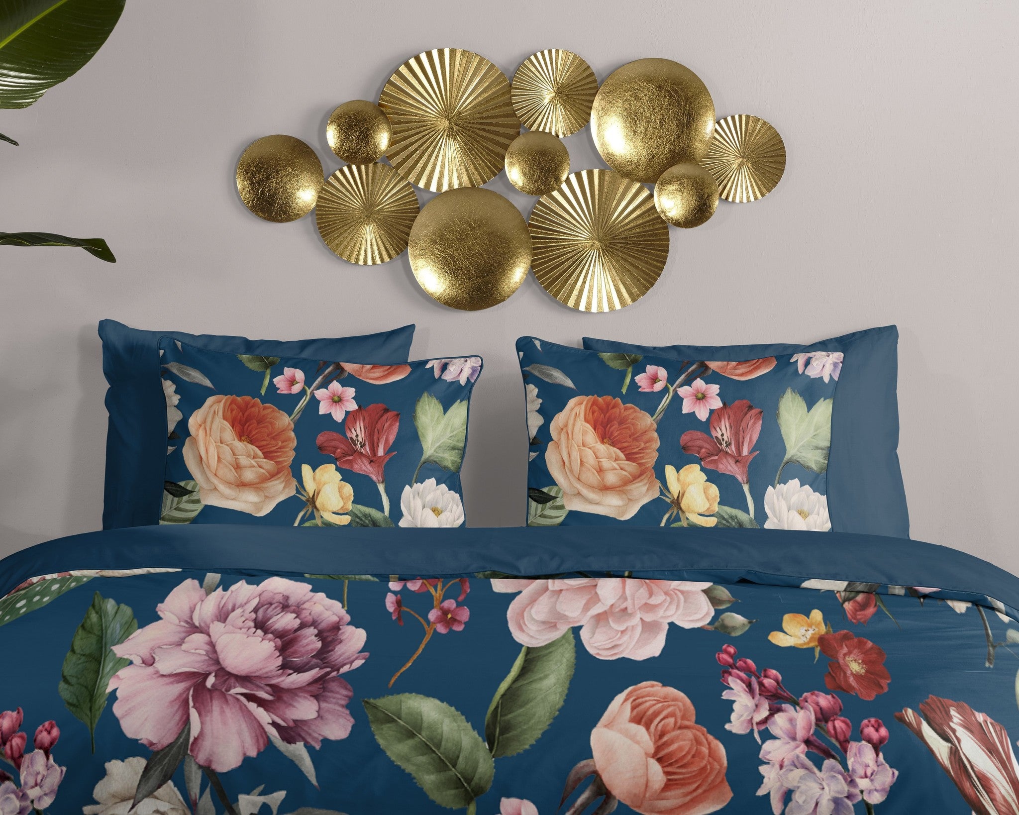 Katoen satijn dekbedovertrek Fiori blauw - 1-persoons (140x220 + 60x70cm)
