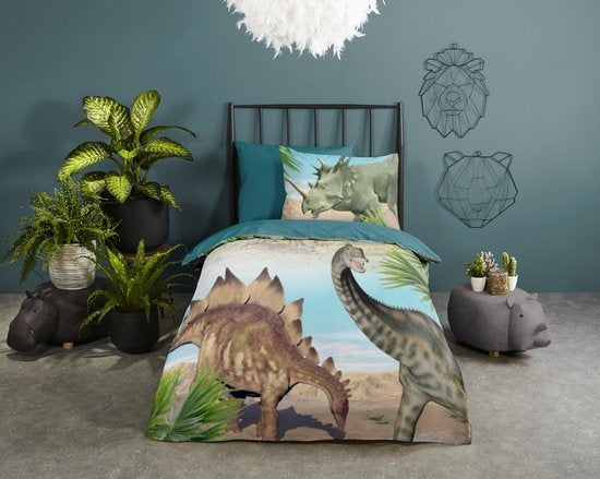 Kinderdekbedovertrek Dino's - Katoen - 1-persoons (140x220 + 60x70 cm)