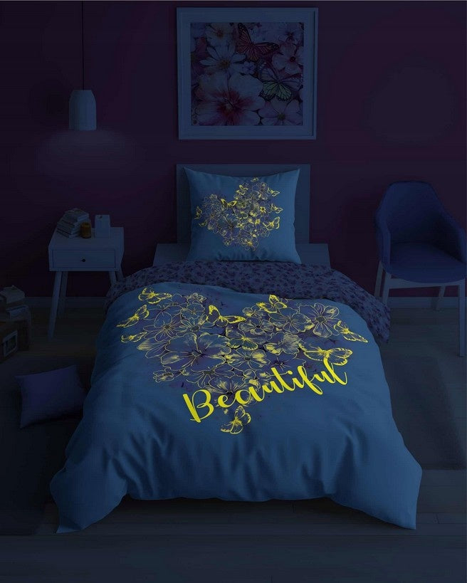 Glow in the dark dekbedovertrek Bloemen - katoen - 1-persoons (140x200 + 70x80 cm)
