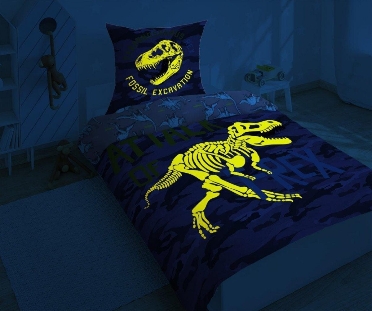 Glow in the dark dekbedovertrek T Rex dino - katoen - 1-persoons (140x200 + 70x80 cm)