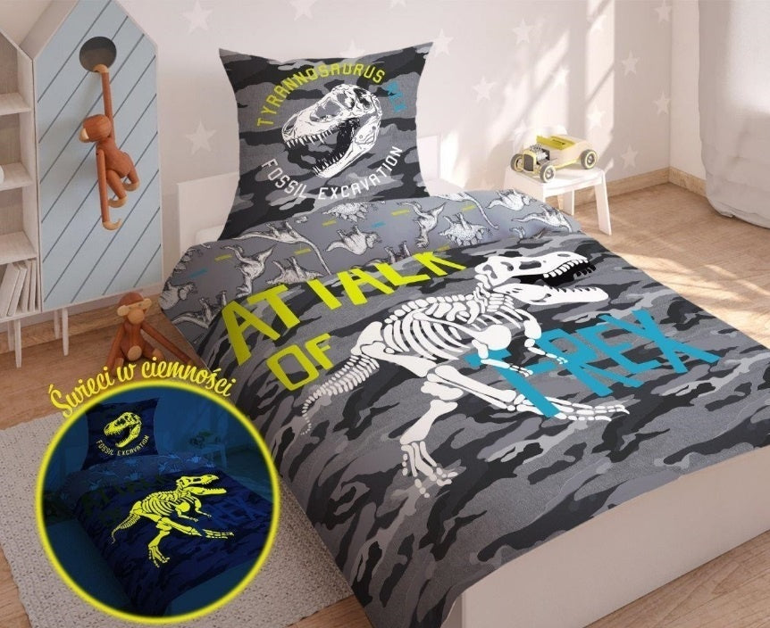 Glow in the dark dekbedovertrek T Rex dino - katoen - 1-persoons (140x200 + 70x80 cm)