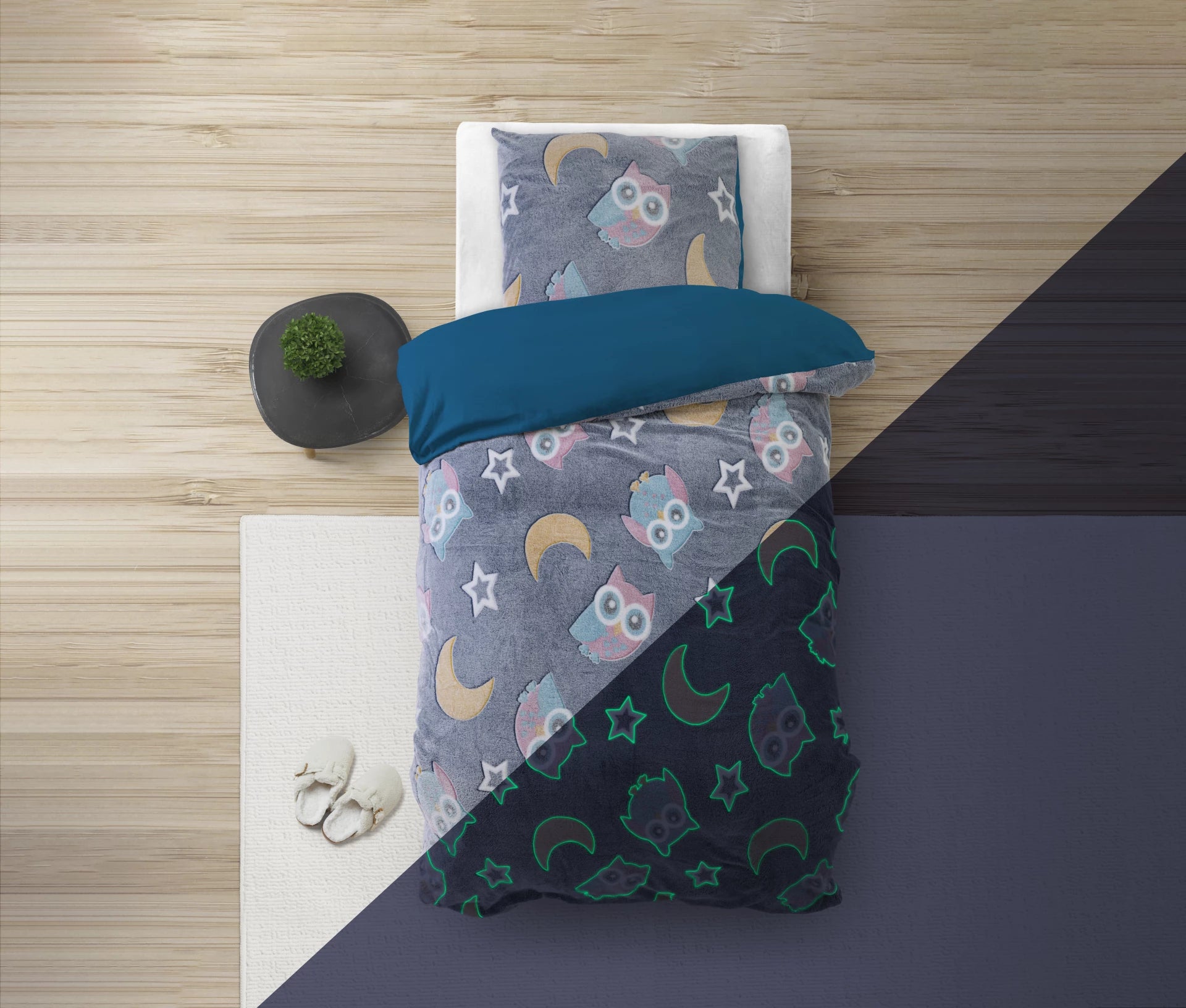 Teddy Fleece kinderdekbedovertrek - Glow in the dark - Owl - Blauw - 1-persoons (140x220 + 60x70 cm)