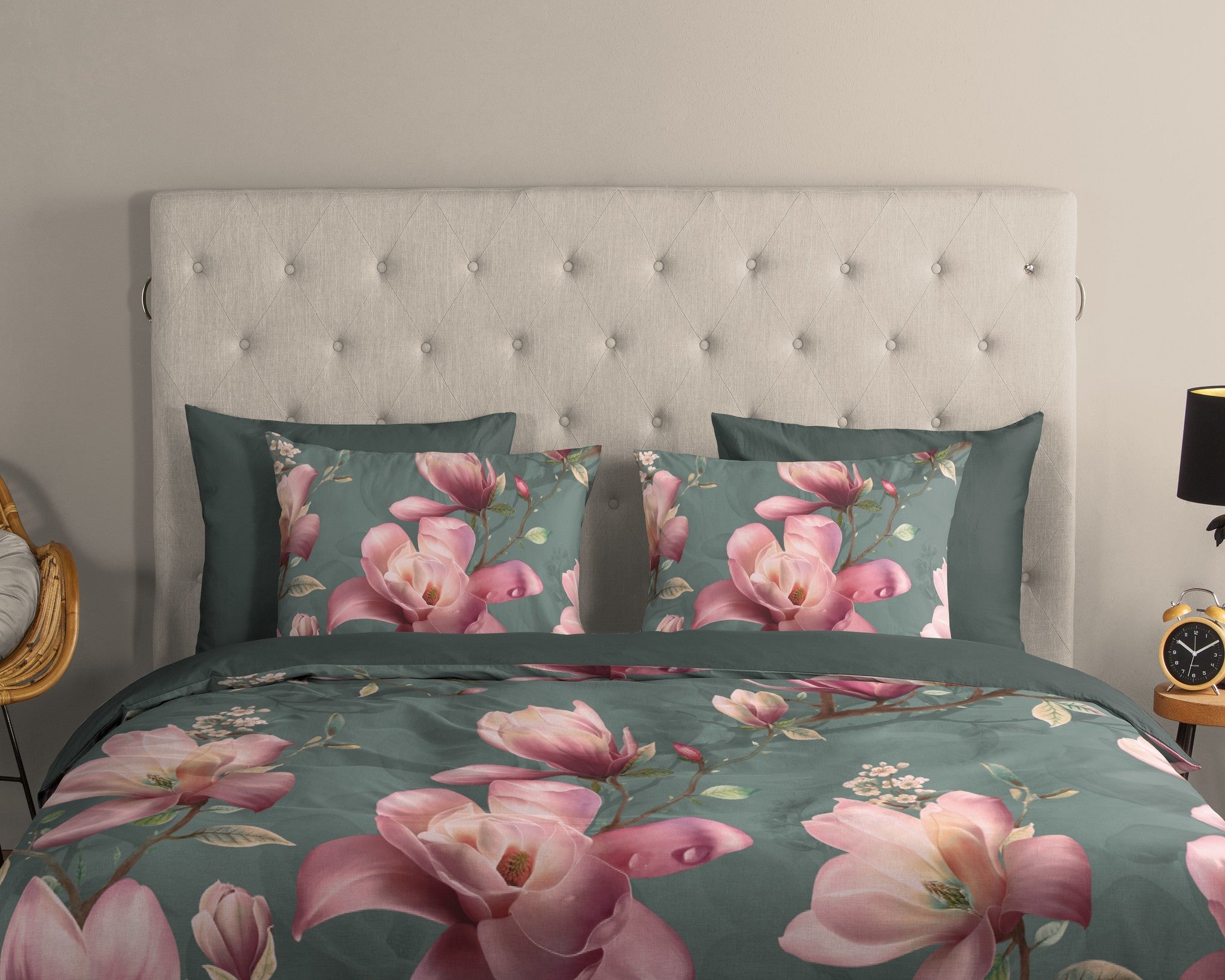 Katoen dekbedovertrek Magnolia groen - 2-persoons (200x220 + 2st. 60x70 cm)