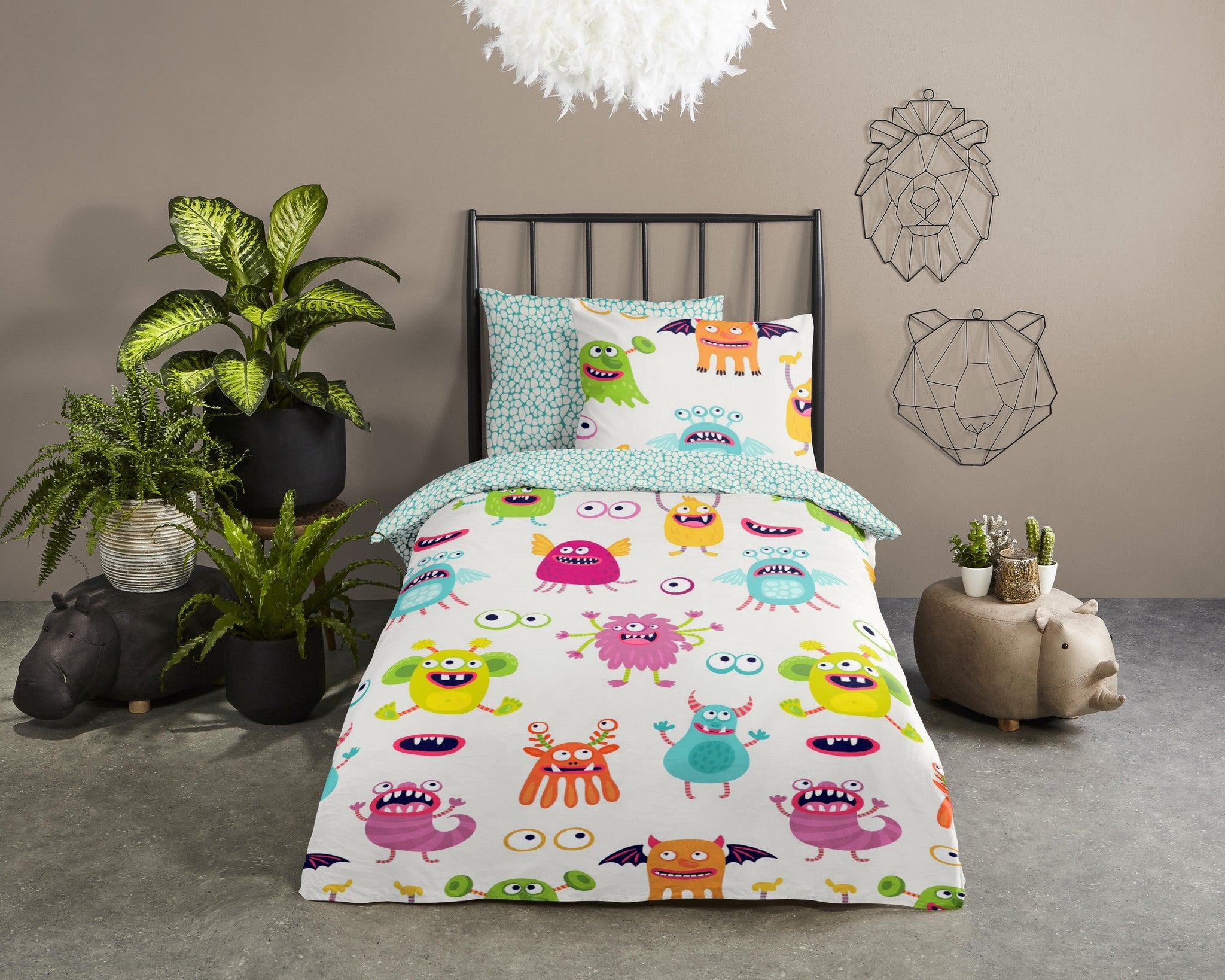 Kinderdekbedovertrek monsters - Katoen - 1-persoons (140x220 + 60x70 cm)