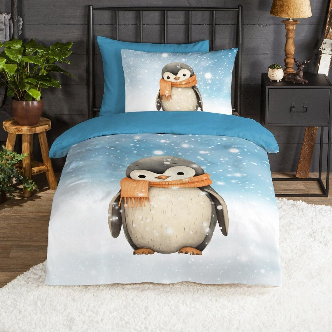 Kinderdekbedovertrek Pingi pinguïn - Flanel - 1-persoons (140x220 + 60x70 cm)