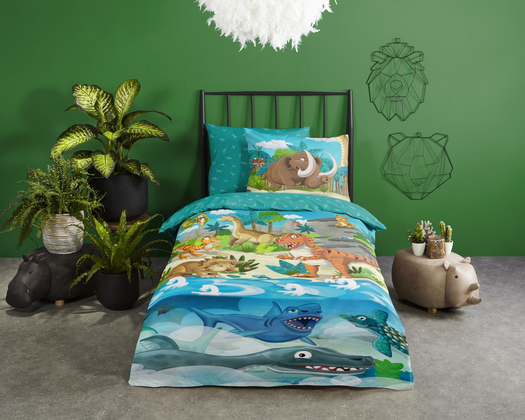 Kinderdekbedovertrek Prehistoric dino - Katoen - 1-persoons (140x220 + 60x70 cm)