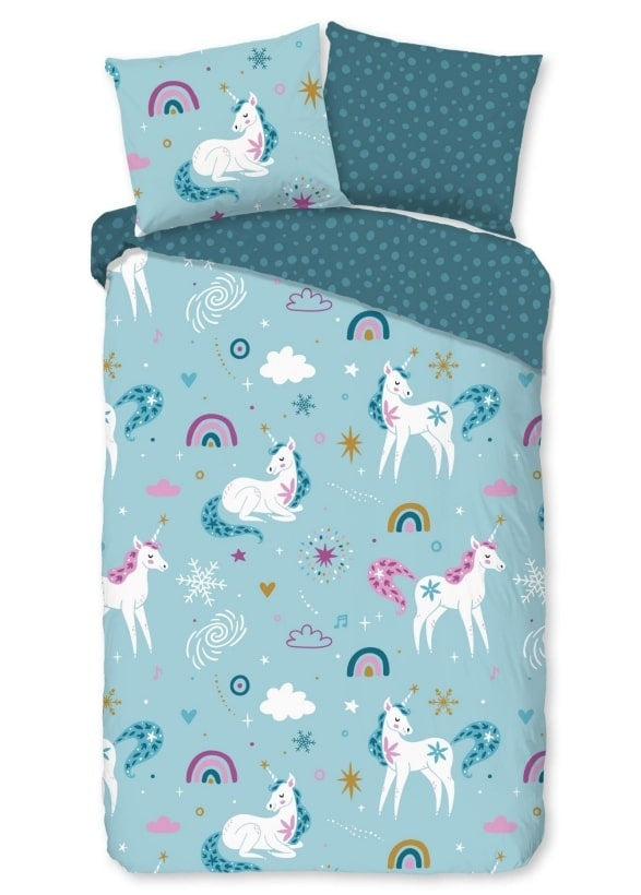 Kinderdekbedovertrek Snowycorn - Flanel - 1-persoons (140x220 + 60x70 cm)