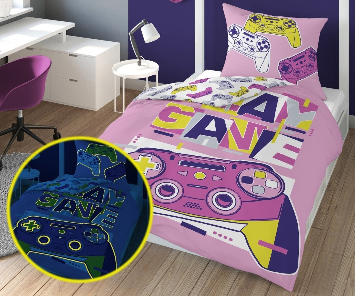 Glow in the dark dekbedovertrek Game roze - katoen - 1-persoons (140x200 + 70x80 cm)