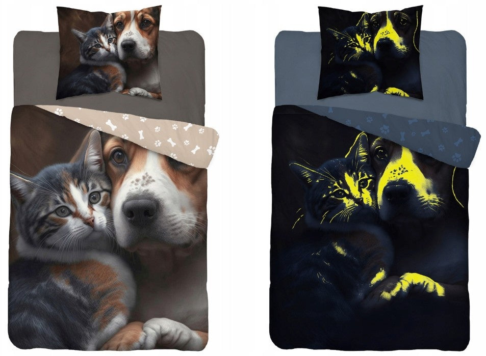 Glow in the dark kinderdekbedovertrek Hond en poes - katoen - 1-persoons (140x200+70x80 cm)