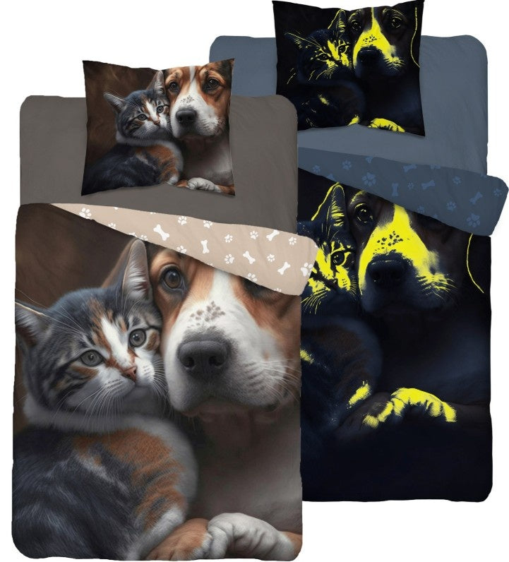 Glow in the dark kinderdekbedovertrek Hond en poes - katoen - 1-persoons (140x200+70x80 cm)