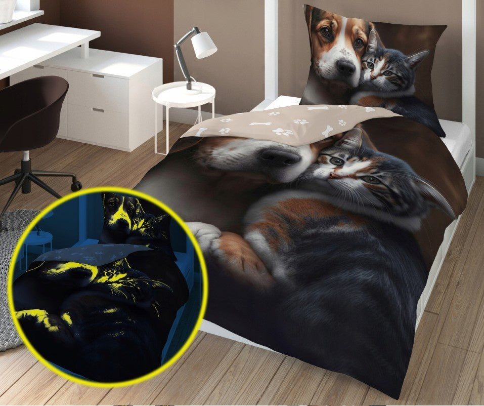 Glow in the dark kinderdekbedovertrek Hond en poes - katoen - 1-persoons (140x200+70x80 cm)
