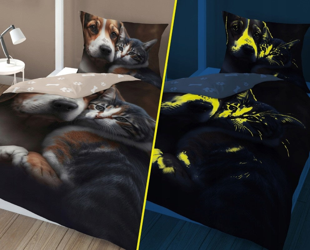 Glow in the dark kinderdekbedovertrek Hond en poes - katoen - 1-persoons (140x200+70x80 cm)
