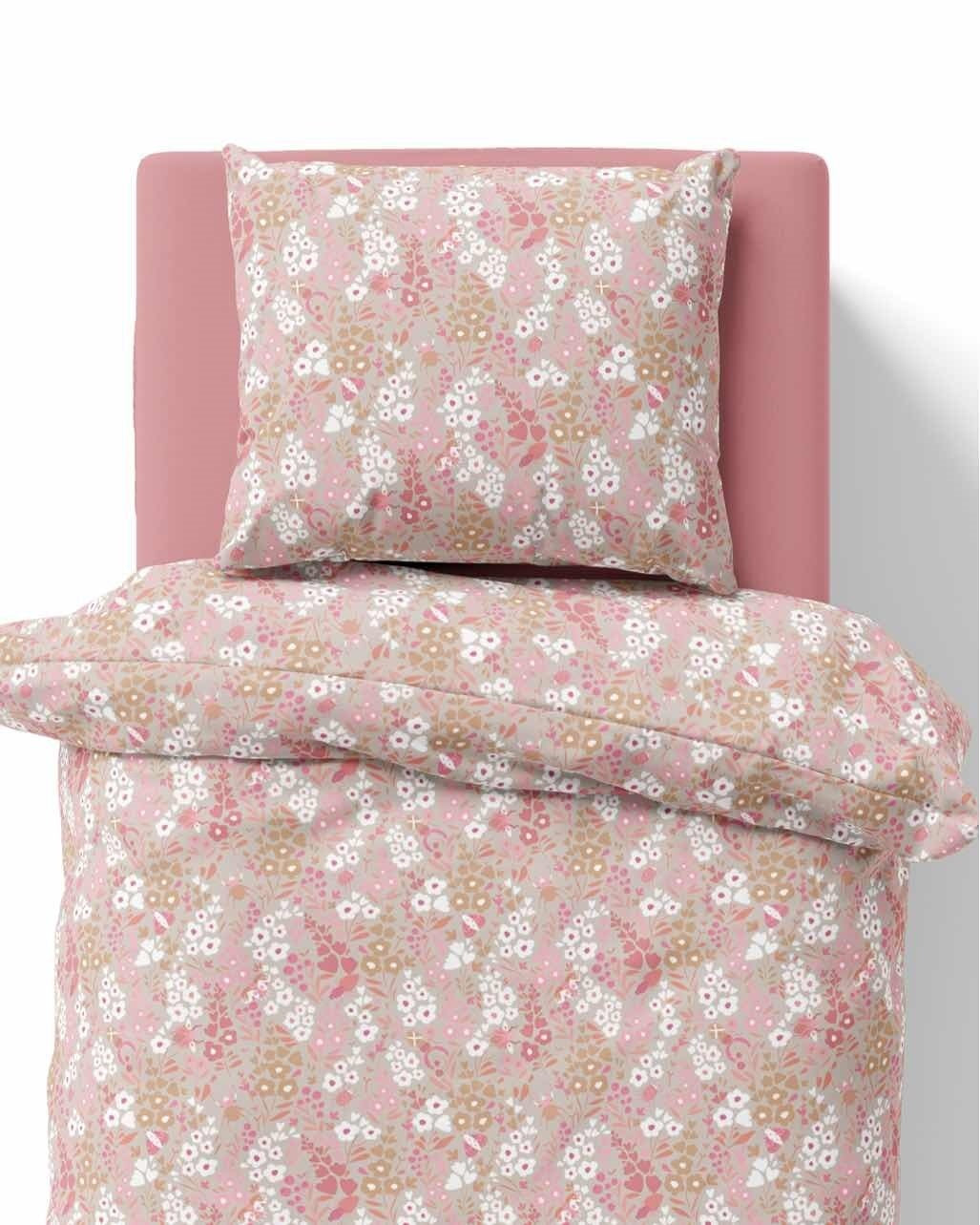 Katoen dekbedovertrek Bloemen - taupe/roze - katoen - 1-persoons (140x200 + 70x80 cm)