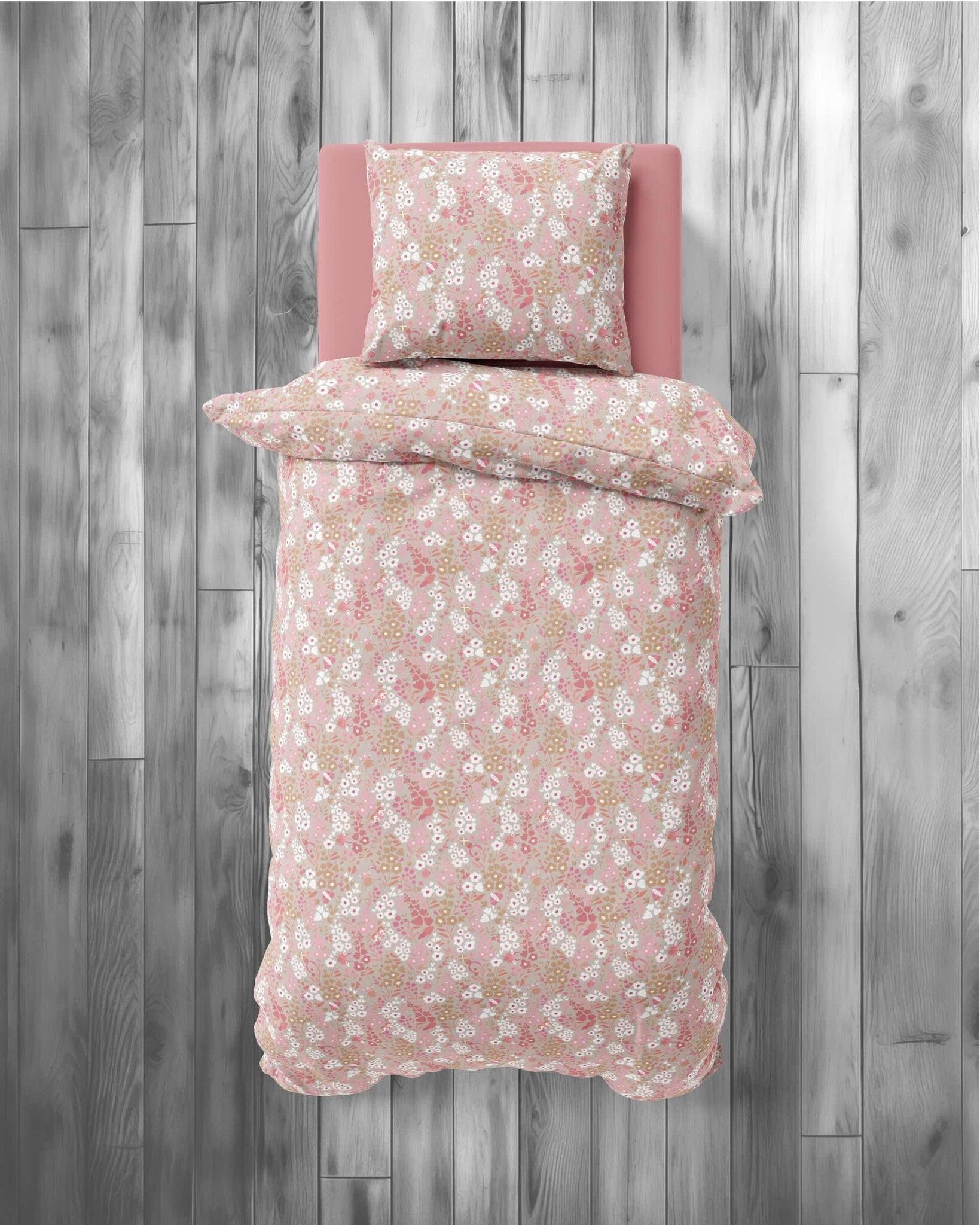 Katoen dekbedovertrek Bloemen - taupe/roze - katoen - 1-persoons (140x200 + 70x80 cm)