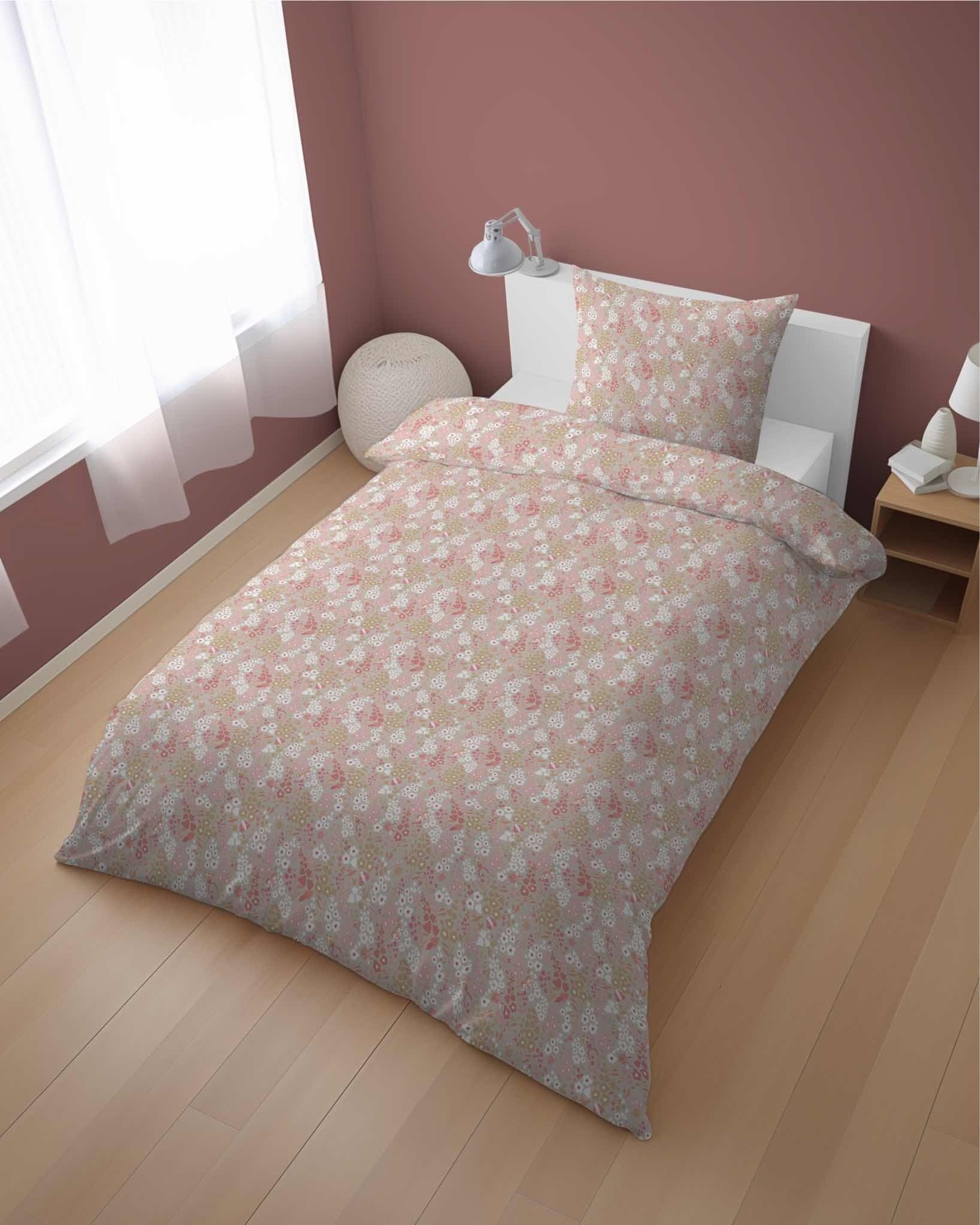 Katoen dekbedovertrek Bloemen - taupe/roze - katoen - 1-persoons (140x200 + 70x80 cm)
