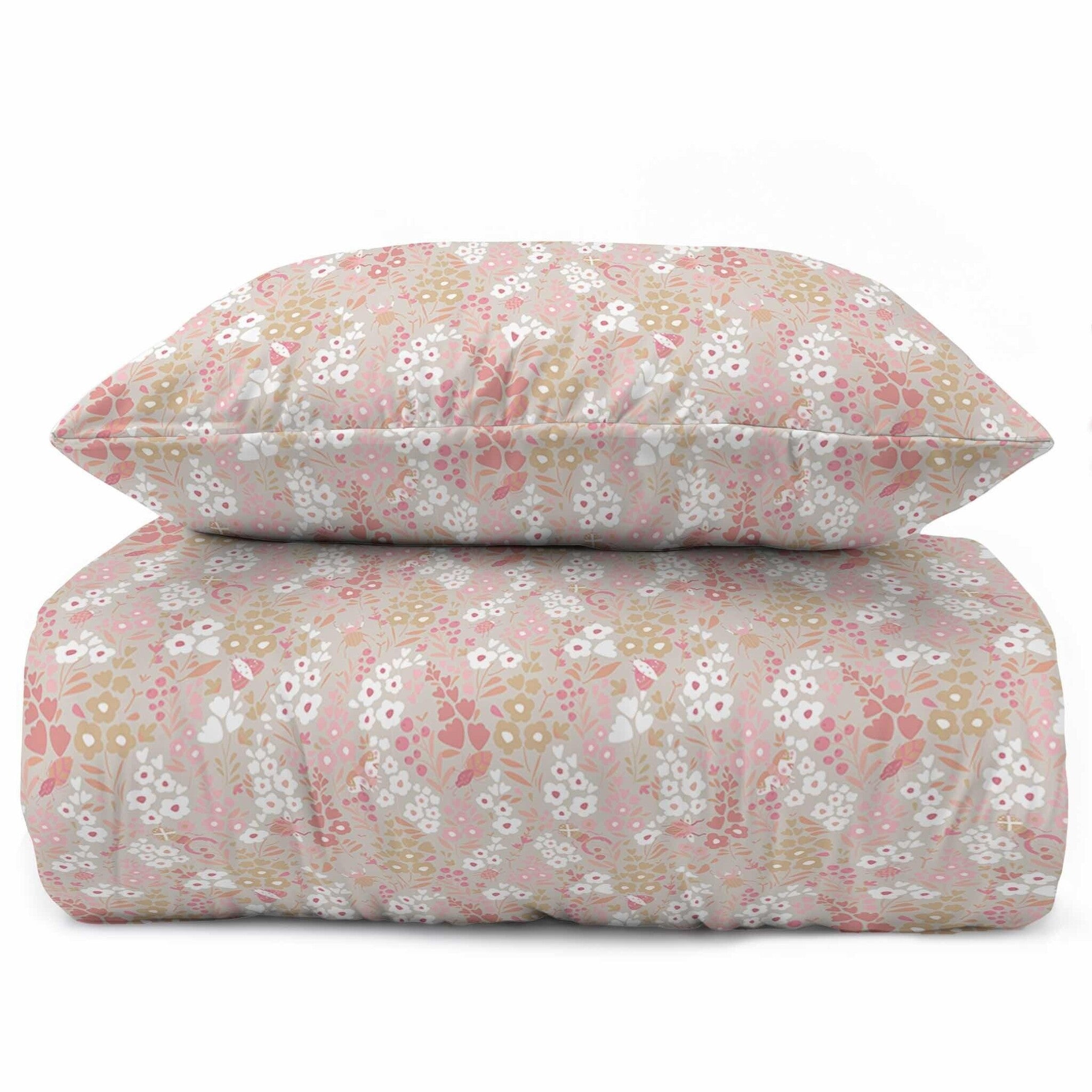Katoen dekbedovertrek Bloemen - taupe/roze - katoen - 1-persoons (140x200 + 70x80 cm)
