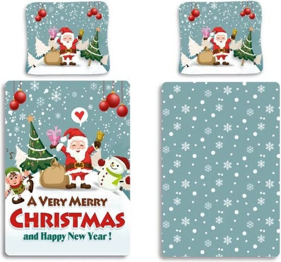 Kerst kinderdekbedovertrek merry christmas and happy new year - katoen - 1-persoons (140x200 + 60x63 cm)