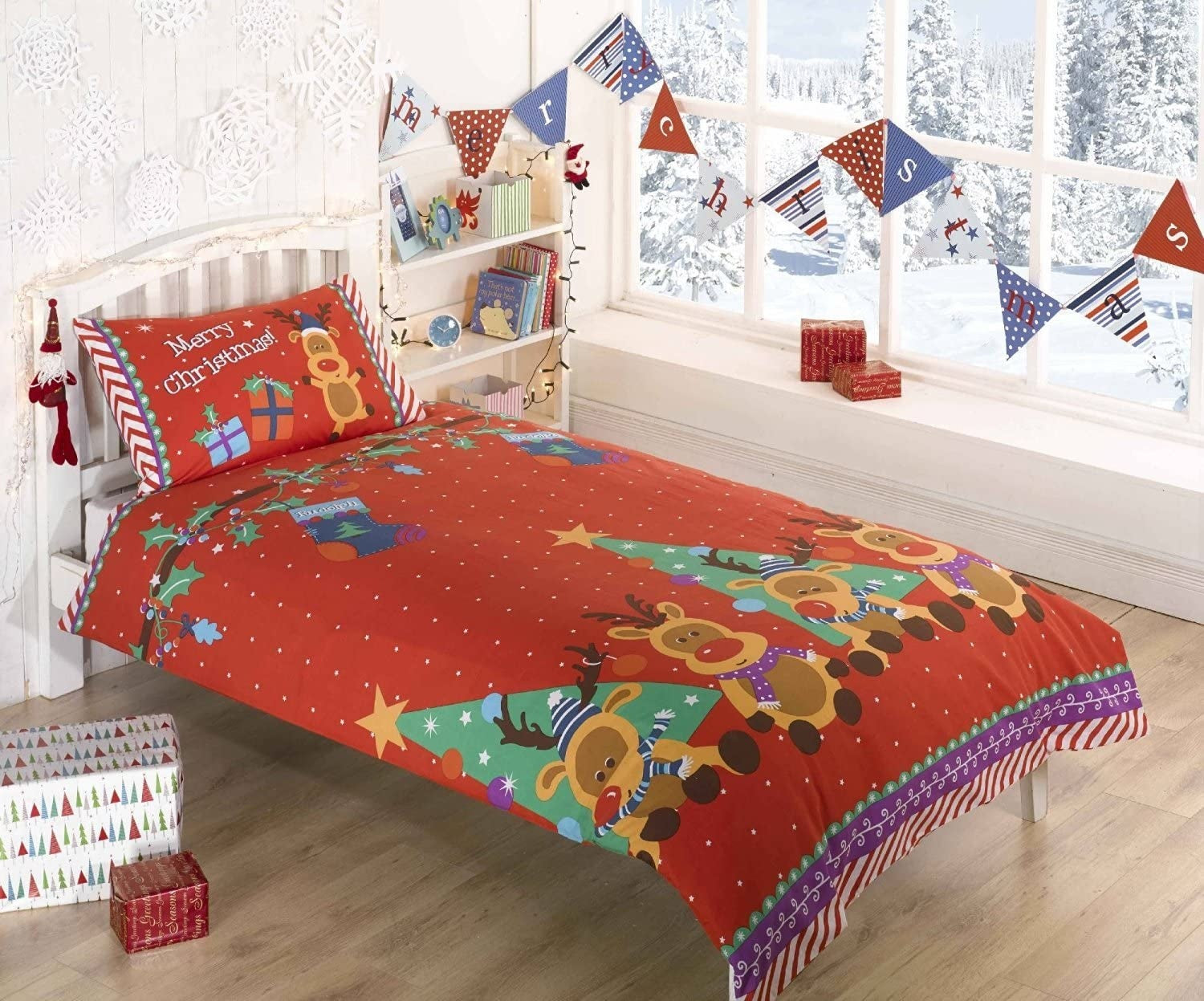 Kerst dekbedovertrek rendier - blended katoen - 1-persoons (135x200 + 50x75 cm)