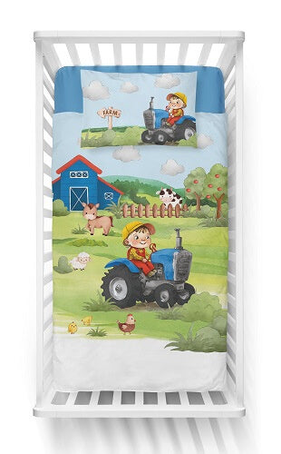 Ledikant dekbedovertrek Boerderij blauwe trekker - bamboe/katoen - 100x135 + 40x60 cm