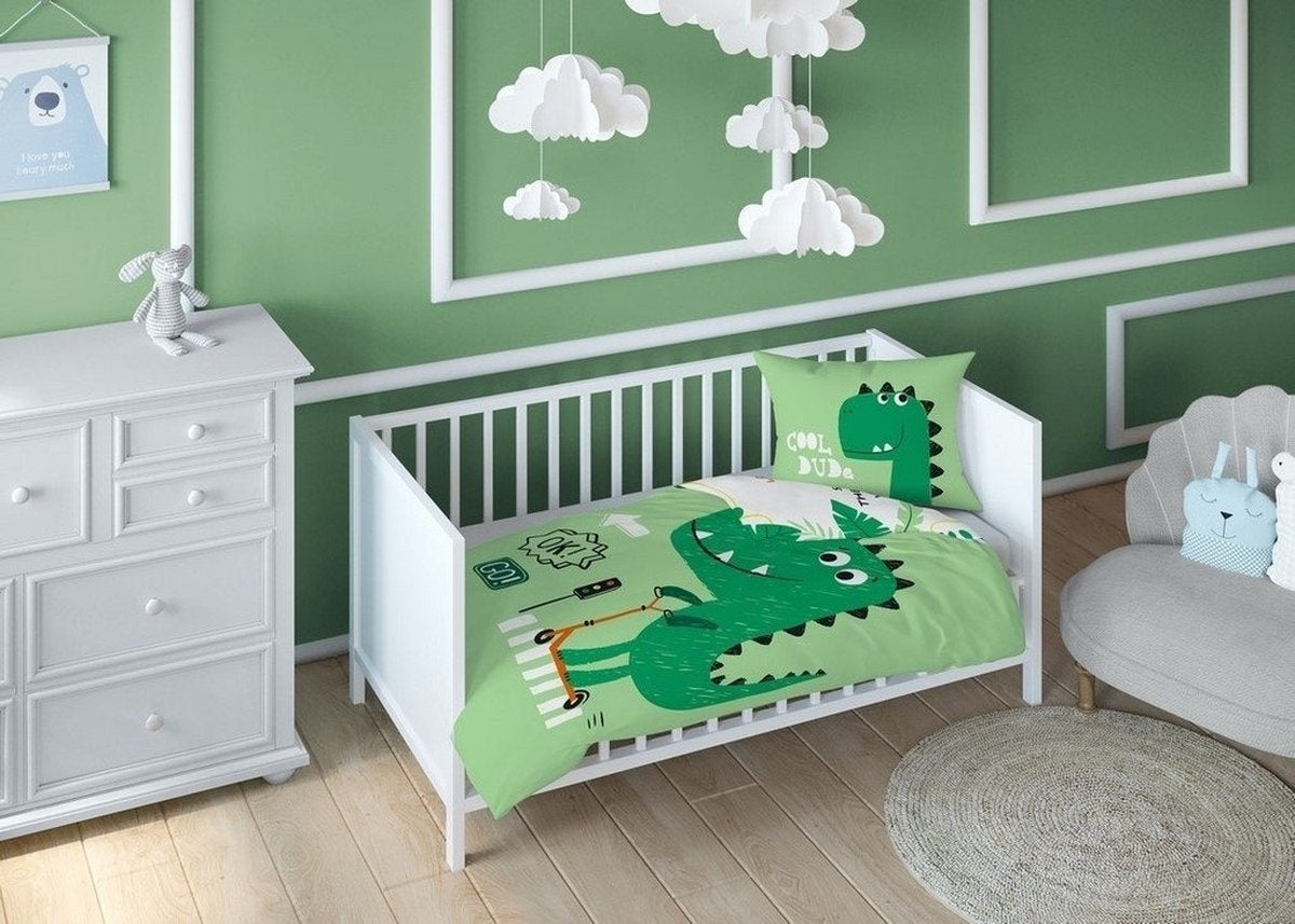 Ledikant dekbedovertrek Dinosaurus - groen - bamboe/katoen - 100x135 cm + 40x60 cm