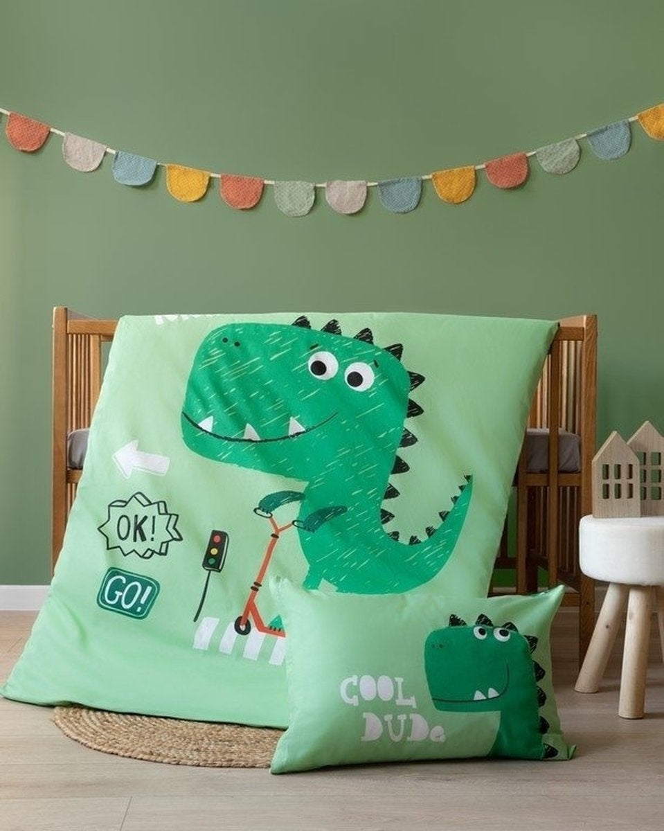 Ledikant dekbedovertrek Dinosaurus - groen - bamboe/katoen - 100x135 cm + 40x60 cm