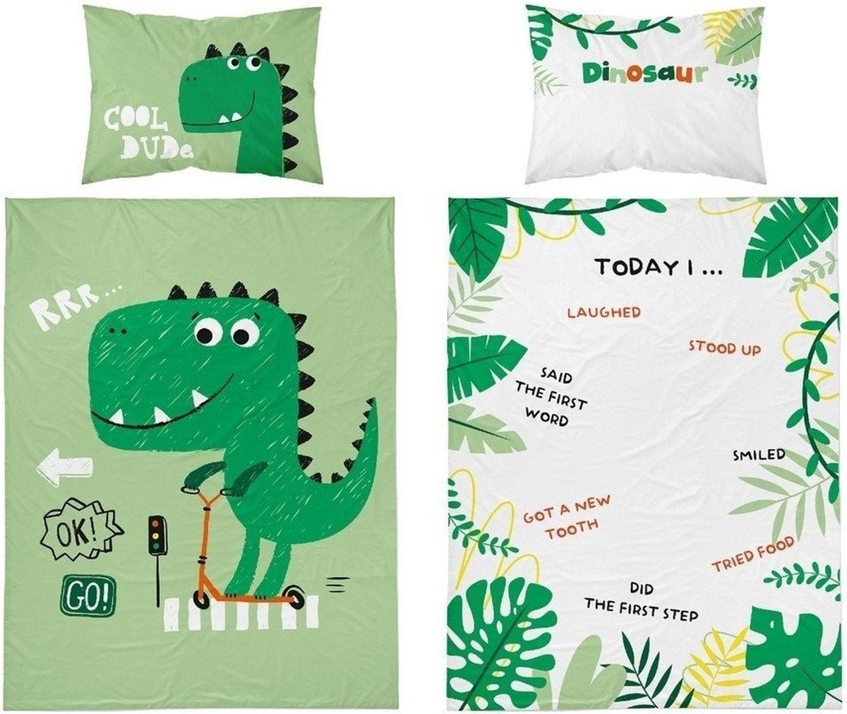 Ledikant dekbedovertrek Dinosaurus - groen - bamboe/katoen - 100x135 cm + 40x60 cm