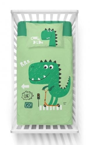Ledikant dekbedovertrek Dinosaurus - groen - bamboe/katoen - 100x135 cm + 40x60 cm