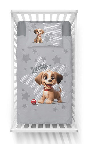 Mayamoo ledikant dekbedovertrek Hondje Lucky - grijs - bamboe/katoen - 100x135 + 40x60 cm