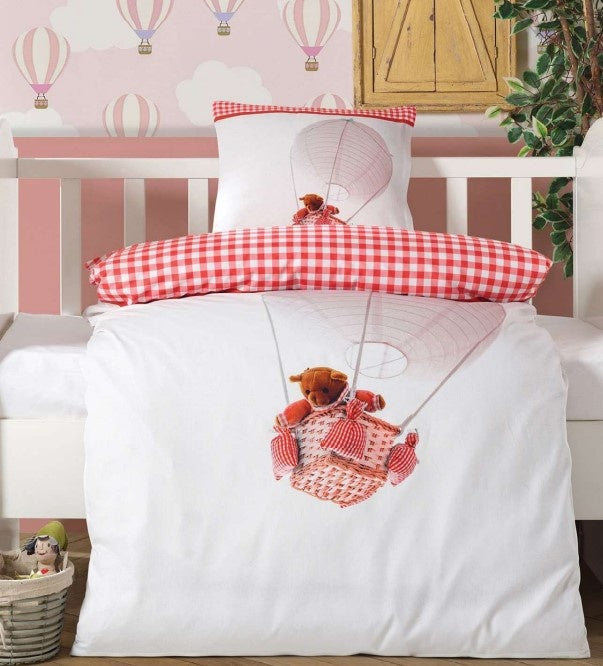 Decoware ledikant dekbedovertrek Luchtballon beer rood - katoen - 100x140 + 40x60 cm