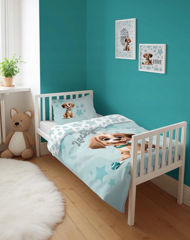 Ledikant dekbedovertrek Hondje Lucky - blauw - bamboe/katoen - 100x135 + 40x60 cm